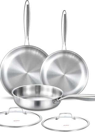 DELARLO Tri-ply Stainless Steel Frying Pan Set with Lid 8" 10" 12" Induction large Skillets Chef's Pan,Pots and Pans Set Kitchen Cookware Set Suitable for All Stove