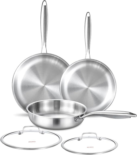 DELARLO Tri-ply Stainless Steel Frying Pan Set with Lid 8" 10" 12" Induction large Skillets Chef's Pan,Pots and Pans Set Kitchen Cookware Set Suitable for All Stove