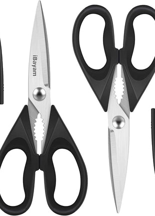 iBayam Black Kitchen Scissors - Heavy Duty Meat & Poultry Shears, Dishwasher Safe Stainless Steel Utility Scissors, 2-Pack Black Kitchen Utensils Set for New Home Essentials
