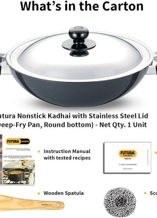Hawkins Futura Nonstick Kadhai 2.5 L, 26 cm, 3.25 mm with SS lid (Black)