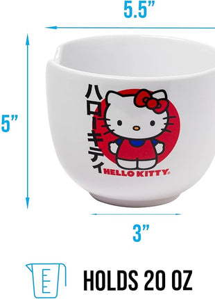 Silver Buffalo Sanrio Hello Kitty Japanese Ceramic Ramen Noodle Rice Bowl with Chopsticks, Microwave Safe, 20 Ounces