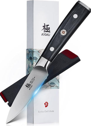 KYOKU 3.5" Paring Knife, Samurai Series Peeling Knife with Pakkawood Handle, Japanese High Carbon Steel Sharp Knife, Full Tang Small Kitchen Knife for Fruit Peeling & Slicing with Sheath and Case