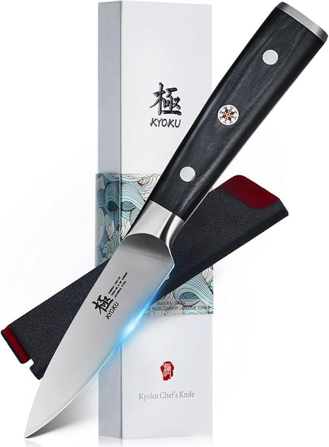 KYOKU 3.5" Paring Knife, Samurai Series Peeling Knife with Pakkawood Handle, Japanese High Carbon Steel Sharp Knife, Full Tang Small Kitchen Knife for Fruit Peeling & Slicing with Sheath and Case