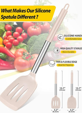 Pack of 2 Silicone Solid Turner, Non Stick Slotted Kitchen Spatulas, High Heat Resistant BPA Free Cooking Utensils, Ideal Cookware for Fish, Eggs, Pancakes(Stainless Steel Khaki)