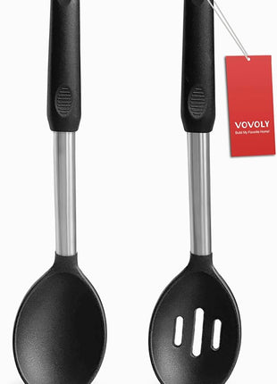 Pack of 2 Large Silicone Cooking Spoons,Non Stick Solid Basting Spoon,Heat-Resistant Kitchen Utensils for Mixing,Serving,Draining,Stirring (Black)