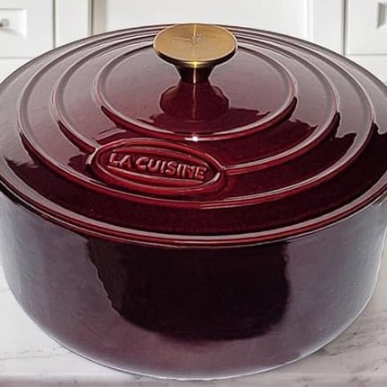 La Cuisine Enameled Cast Iron Dutch Oven Casserole Pot with Lid 6.5 QT 11" /28cm Dia. Internal Matte Black Enamel Coating Gold-Plated SS Lid Handle Oven Safe up to 500° F for bread baking, Cranberry