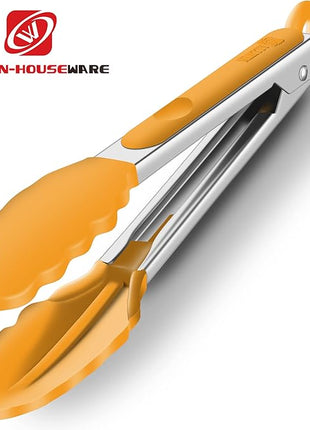 9-Inch & 12-Inch Premium Stainless Steel Food Tongs, Orange Silicone BPA Free Non-Stick BBQ Cooking Grilling Locking Kitchen Tong