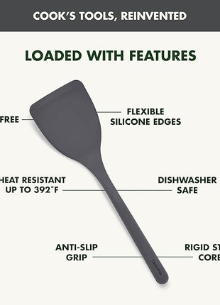 GreenPan Silicone Solid Turner Spatula, Flipping Cooking Kitchen Utensil, Flexible Rubber Nonstick Cookware, Rigid Steel Core, Heat-Resistant, Anti-Slip Handle, BPA-Free, Dishwasher Safe, Gray