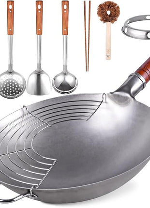 Carbon Steel Wok Traditional Hand Hammered - 13.4" Chinese Woks Round Bottom Wok Pan Set with 8 Pcs Cookware Accessories