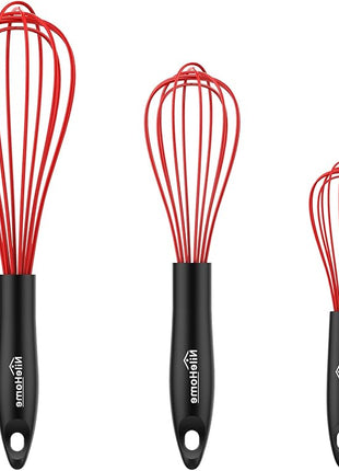 NileHome Silicone Whisk Set 8" 10" 12", 3 Pack Kitchen Whisk Kitchen Wisk Wire Whisks for Cooking, Whisking, Blending, Beating, Stirring-Red