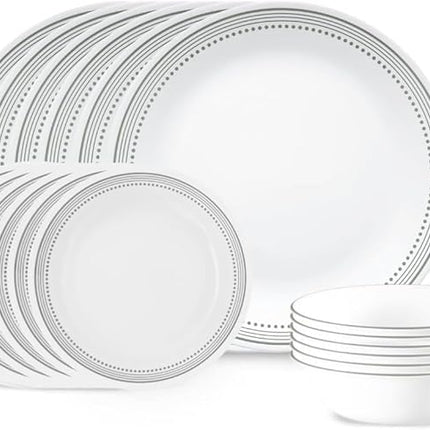 Corelle Vitrelle 18-Piece Service for 6 Dinnerware Set Triple Layer Glass and Chip Resistant, Lightweight Round Plates and Bowls Set, Mystic Gray