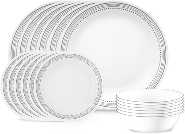 Corelle Vitrelle 18-Piece Service for 6 Dinnerware Set Triple Layer Glass and Chip Resistant, Lightweight Round Plates and Bowls Set, Mystic Gray