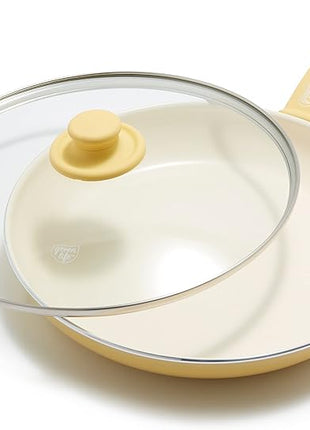 GreenLife Soft Grip Healthy Ceramic Nonstick, 12" Frying Pan Skillet with Lid, PFAS-Free, Dishwasher Safe, Yellow