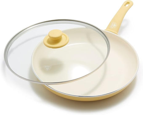 GreenLife Soft Grip Healthy Ceramic Nonstick, 12" Frying Pan Skillet with Lid, PFAS-Free, Dishwasher Safe, Yellow