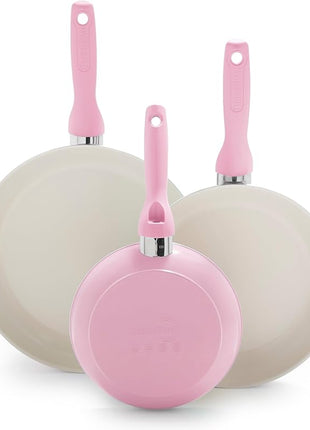 GreenPan Rio Hard Anodized Healthy Ceramic Nonstick, 7" 9.5" and 11" 3 Piece Frying Pan Skillet Set, Soft Grip Handle, PFAS-Free, Dishwasher Safe, Oven Safe, Pink