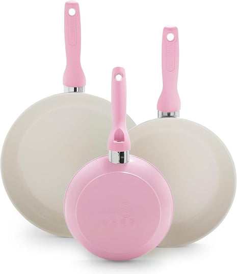 GreenPan Rio Hard Anodized Healthy Ceramic Nonstick, 7" 9.5" and 11" 3 Piece Frying Pan Skillet Set, Soft Grip Handle, PFAS-Free, Dishwasher Safe, Oven Safe, Pink