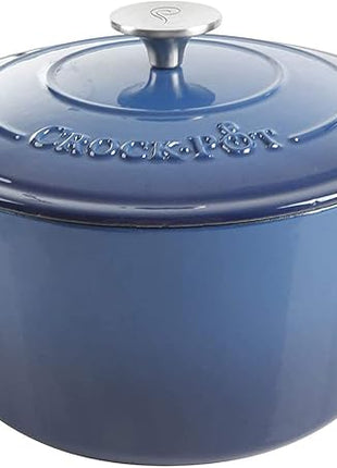 Crock-Pot Artisan 5-Quart Round Enameled Cast Iron Dutch Oven – Blue, Durable Heavy-Duty Cookware for Slow Cooking, Roasting, Baking with Lid