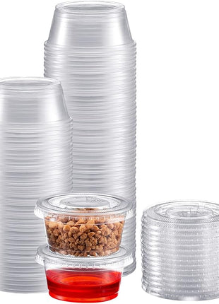 Portion Cups with Lids (3.25 Ounces, 100 Pack) | Disposable Plastic Cups for Meal Prep, Portion Control, Salad Dressing, & Medicine | Small Plastic Condiment Container