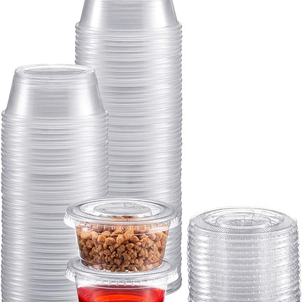 Portion Cups with Lids (3.25 Ounces, 100 Pack) | Disposable Plastic Cups for Meal Prep, Portion Control, Salad Dressing, & Medicine | Small Plastic Condiment Container