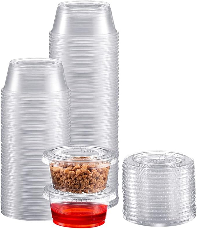 Portion Cups with Lids (3.25 Ounces, 100 Pack) | Disposable Plastic Cups for Meal Prep, Portion Control, Salad Dressing, & Medicine | Small Plastic Condiment Container