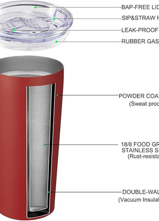 VEGOND 20oz Tumbler Bulk with Lid and Straw 6 Pack, Stainless Steel Vacuum Insulated Tumbler, Double Wall Coffee Cup Travel Mug, Red