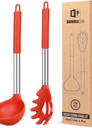 Silicone Pasta Fork and Ladle Spoon Set, Large Non Stick Kitchen Utensils for Cooking,Stirring,Serving Spaghetti, Soup, Sauce (RED)