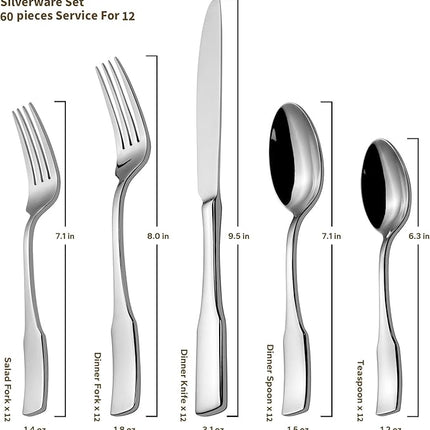 Alata Kate 60-Piece Silverware Set Stainless Steel Flatware Set,Service for 12,Mirror Polished Cutlery Set,Dishwasher Safe