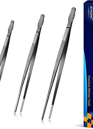 JETKONG Kitchen Tweezers Stainless Steel Food Tweezers Professional Chef Tweezer Kitchen Tools, Set of 3 (7 9 12 Inch, Black)