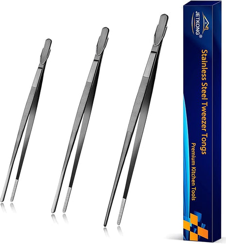 JETKONG Kitchen Tweezers Stainless Steel Food Tweezers Professional Chef Tweezer Kitchen Tools, Set of 3 (7 9 12 Inch, Black)