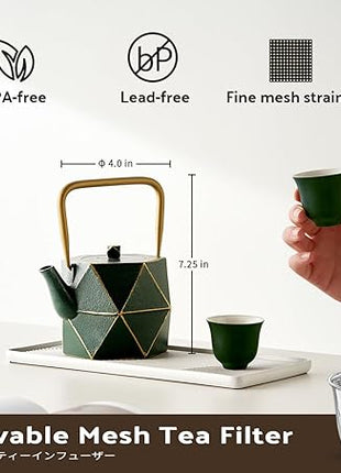Toptier Cast Iron Teapot, Stovetop Safe Japanese Cast Iron Tea Kettle, Diamond Design Tea Pot with Removable Infuser for Loose Tea, 30 Ounce (900 ml), Dark Green