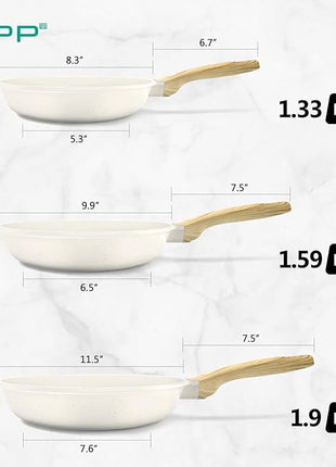 GiPP Non Stick Frying Pan Set - 8" 9.5" 11" Granite Nonstick Pan Skillet, Non Toxic Pans for Cooking, Omelette Pan with Stay Cool Handle, Induction Compatible, PFAS/PTFE/PFOA Free, White