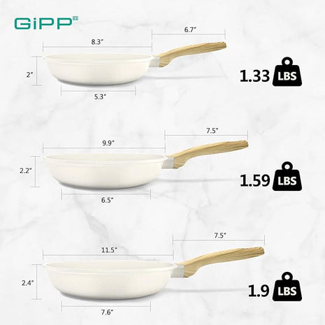 GiPP Non Stick Frying Pan Set - 8" 9.5" 11" Granite Nonstick Pan Skillet, Non Toxic Pans for Cooking, Omelette Pan with Stay Cool Handle, Induction Compatible, PFAS/PTFE/PFOA Free, White