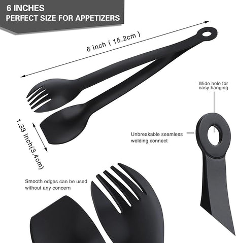 MSY BIGSUNNY Small Serving Tongs - 6 Inches Premium Stainless Steel Appetizer Tongs, Set of 4 (Black, 6")