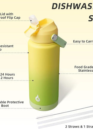 BJPKPK Water Bottle with Straw Lid, 24oz Vacuum Insulated Water Bottles, Metal Stainless Steel Thermo for Sports, Travel, BPA Free Leak Proof Thermo, Cups, Flasks, Tumblers,Fresh Green