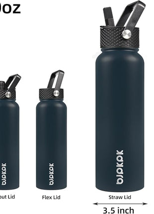 BJPKPK Insulated Water Bottles with Straw Lid, 40oz Stainless Steel Water Bottles with 3 Lids, BPA Free Leakproof Thermo, Tumblers, Cups for Sports, Gym- Navy Blue