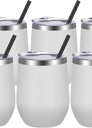 VEGOND Wine Tumblers Bulk 6 Pack, 12oz Stainless Steel Stemless Wine Glass with Lids and Straws, Double Wall Vacuum Insulated Tumbler Cup, Coffee Mug for Cold Hot Drinks