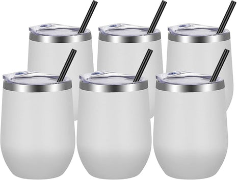 VEGOND Wine Tumblers Bulk 6 Pack, 12oz Stainless Steel Stemless Wine Glass with Lids and Straws, Double Wall Vacuum Insulated Tumbler Cup, Coffee Mug for Cold Hot Drinks