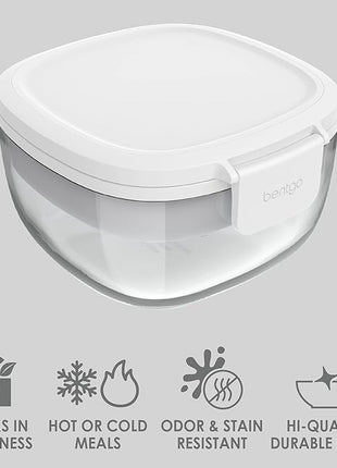 Bentgo Glass All-in-One Salad Container - Large 61-oz Salad Bowl with Lid, 4-Compartment Bento-Style Tray, 3-oz Sauce Container, and Reusable Fork - Dishwasher, Microwave, and Oven Safe (White)