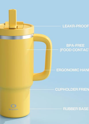 32 oz Tumbler with Handle and Straw: Stainless Steel Insulated Tumbler Keeps Cold for 24 Hours, Leakproof Travel Cup Fits in Cup Holder and BPA-Free, Elfin Yellow