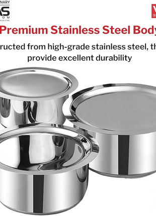 Vinod Stainless Steel 3 pc Pot Set with Capacity of 1.4 litres, 1.8 litres & 2.2 litres with Stainless Steel Lids (Gas Stove and Induction Friendly) - Silver,