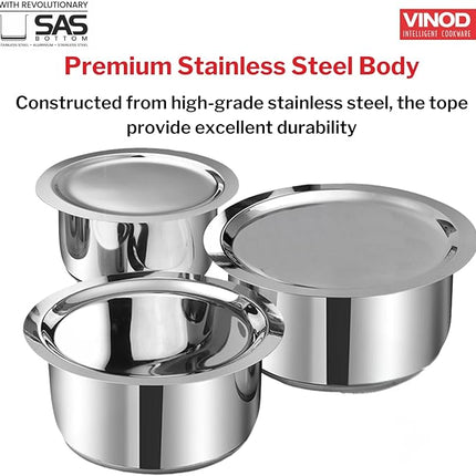 Vinod Stainless Steel 3 pc Pot Set with Capacity of 1.4 litres, 1.8 litres & 2.2 litres with Stainless Steel Lids (Gas Stove and Induction Friendly) - Silver,