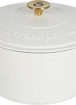 Crock-Pot Artisan 7-Quart Round Dutch Oven – Matte Linen White with Gold Knob, Enameled Cast Iron Cookware