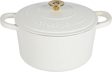 Crock-Pot Artisan 7-Quart Round Dutch Oven – Matte Linen White with Gold Knob, Enameled Cast Iron Cookware