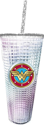 Spoontiques DC Comics Diamond Tumbler, 20oz - Textured Cup w/Staw, Double Wall Insulated, BPA Free - Wonder Woman
