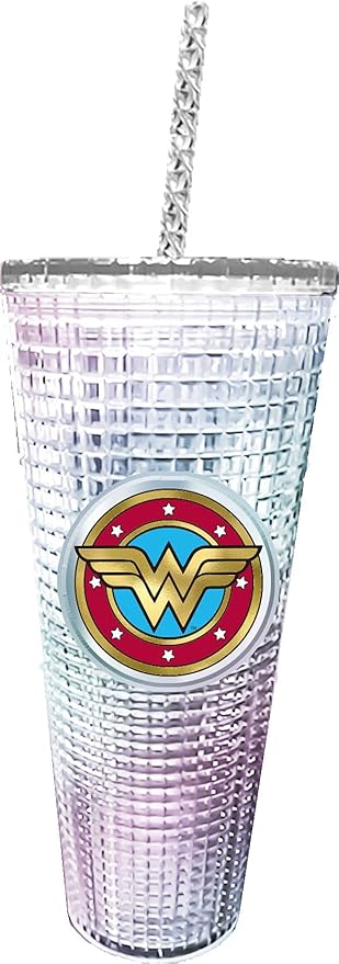 Spoontiques DC Comics Diamond Tumbler, 20oz - Textured Cup w/Staw, Double Wall Insulated, BPA Free - Wonder Woman