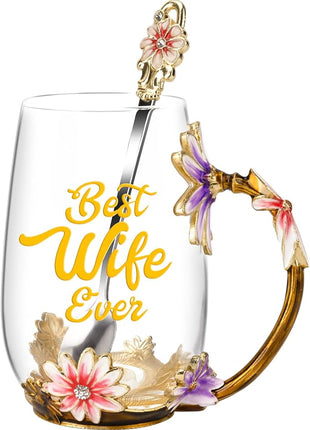 OEAGO Gifts for Wife from Husband Romantic Tea Cup Gifts for Her Birthday Flower Glass Mugs Wedding Mothers Day Christmas Anniversary