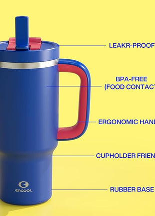 32 oz Tumbler with Handle and Straw: Stainless Steel Insulated Tumbler Keeps Cold for 24 Hours, Leakproof Travel Cup Fits in Cup Holder and BPA-Free,Beaucoup Blue