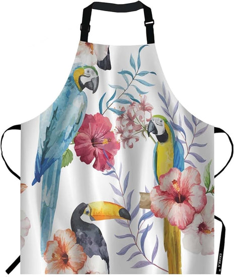 EKOBLA Bird Aprons Watercolor Flower Print Animal Parrot Branches Beautiful Summer Plant Waterproof Resistant Chef Cooking Kitchen BBQ Adjustable Aprons for Women Men 27x31 Inch