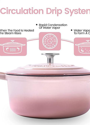 Enameled Cast Iron Covered 5.5 Quart Dutch Oven with Dual Handle, Dutch Ovens with Lid for Bread Baking, Pink