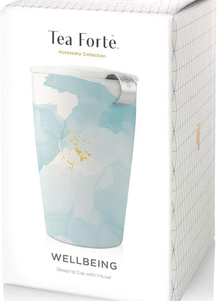 Tea Forte Double-Walled Ceramic Kati Cup, Removable Stainless Steel Infuser Basket and Lid, Steeps 12 oz Loose Leaf Tea, Dishwasher & Microwave Safe, Wellbeing